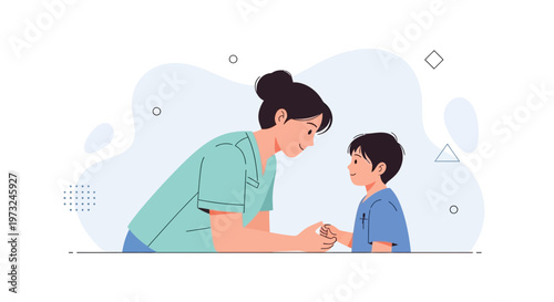 Nurse holding child's hands, comforting and caring, medical support, pediatric healthcare illustration