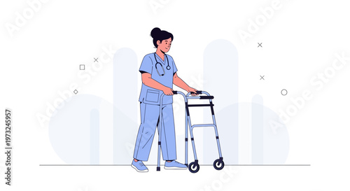 Nurse helping elderly patient walk with a walker, rehabilitation, medical care concept