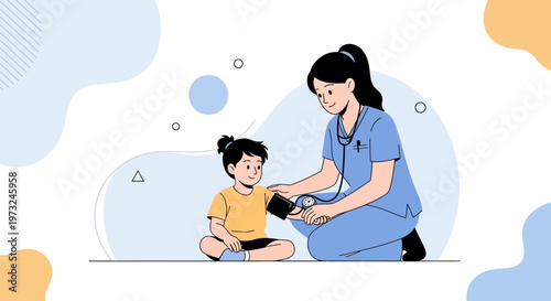 Nurse checking child's blood pressure, healthcare concept illustration