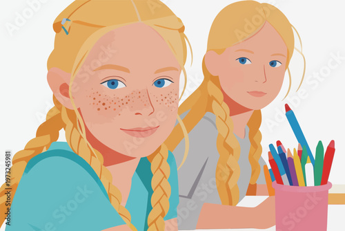 Two Blonde Girls Studying with Colored Pencils