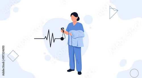 Nurse with Stethoscope and Blanket, Heartbeat Line - Medical Illustration