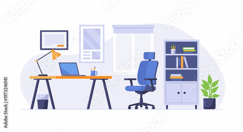 Modern Home Office Setup with Desk Chair and Bookshelf.