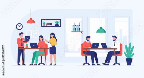 Diverse team collaborating on projects in a modern office environment.