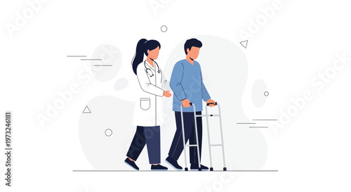 Doctor assisting elderly man with walker, rehabilitation and care concept
