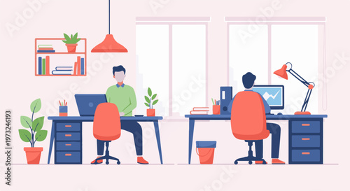 Two male colleagues working diligently at their desks in a modern office environment.