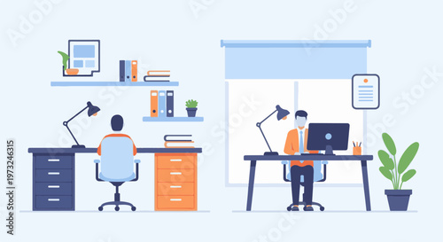 Two men working diligently at their desks in an office setting.