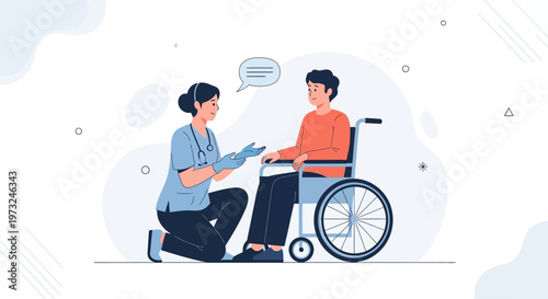 Nurse caring for patient in wheelchair, medical assistance, healthcare concept