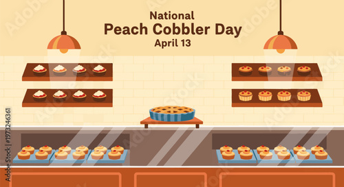 National Peach Cobbler Day April 13 Bakery Illustration, Peach Cobbler Pie and Pastry Display in Dessert Shop, Sweet Baked Dessert and Homemade Treat Concept Flat Vector Design