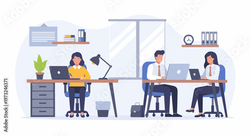 Three business professionals working diligently at their desks in an office setting 1.