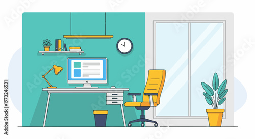 Modern Home Office Setup with Computer and Ergonomic Chair 1.