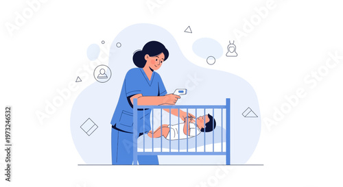 Nurse checks baby's temperature with infrared thermometer in crib, healthcare concept
