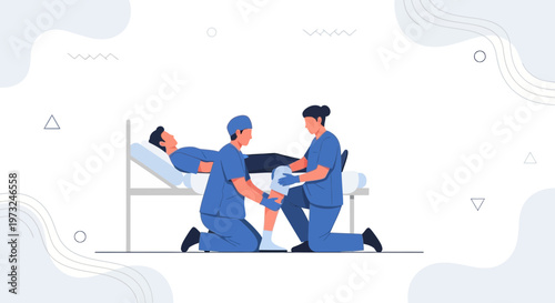 Medical Professionals Assisting Patient with Knee Rehabilitation in Clinic