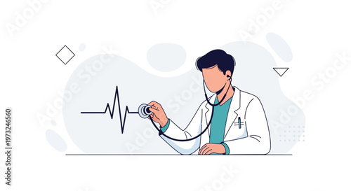 Doctor with Stethoscope Listening to Heartbeat EKG Line - Medical Illustration