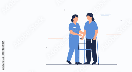 Nurse assisting elderly patient with walker, healthcare concept, flat design illustration