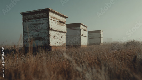 Beehives stand in misty backyard field, highlighting honey production in rural landscape with weathered wooden boxes and tall dry grass under soft morning light