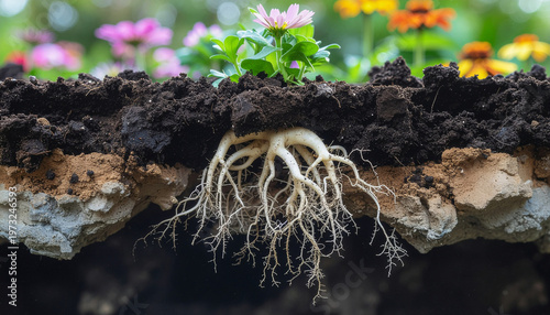 Cross section of plant roots growing deep in rich soil