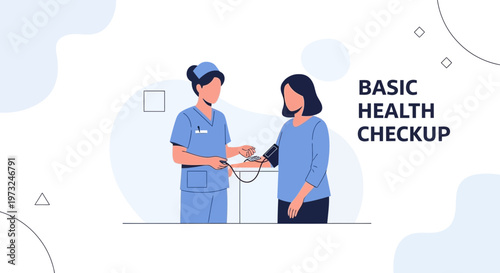 Nurse taking patient's blood pressure for basic health checkup, medical illustration
