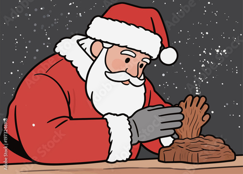 Santa Claus Working on Wooden Toy Creation