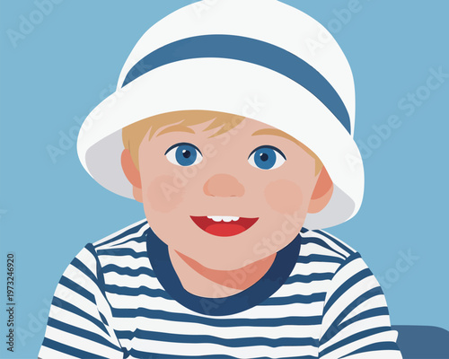 Illustration of a Happy Little Boy in Striped Shirt and Hat