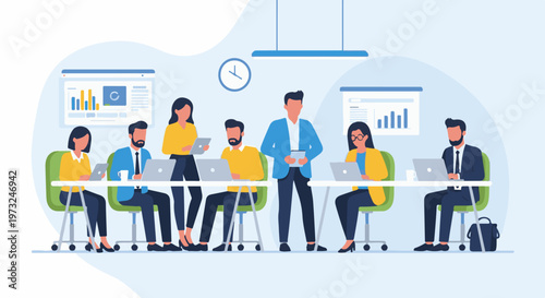 Business meeting with diverse team collaborating on project in modern office.