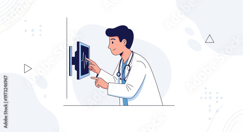 Doctor analyzing medical data on a digital screen, healthcare technology concept