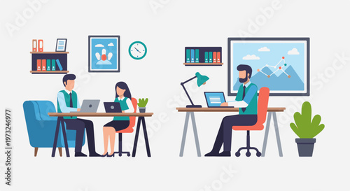 People working in an office environment with laptops and desks 1.