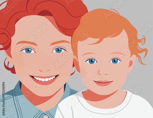 Red-Haired Woman and Child Portrait Illustration