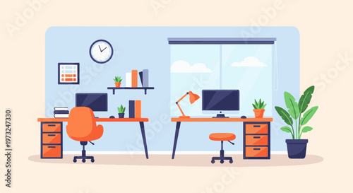 Modern Office Workspace with Desks and Computers.