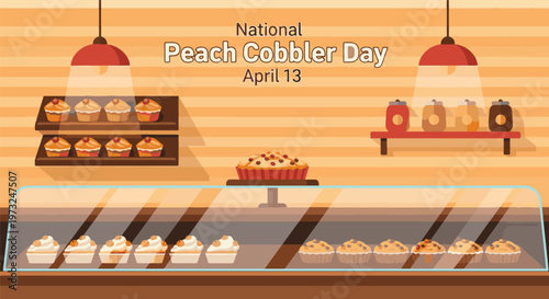 National Peach Cobbler Day April 13 Bakery Illustration, Dessert Showcase with Peach Cobbler and Cupcakes, Sweet Baked Treat and Pastry Shop Concept Flat Vector Design
