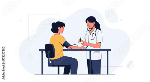 Doctor checking patient's blood pressure with stethoscope and sphygmomanometer at desk