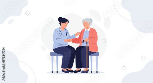 Doctor comforting elderly patient, healthcare, medical consultation, support, care, home visit