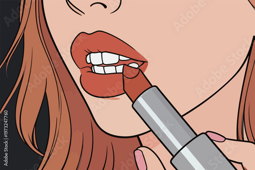 Woman Applying Red Lipstick in Pop Art Style