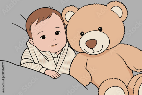 Baby with Teddy Bear in Cozy Bed