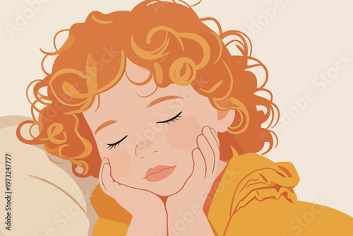 Curly Haired Child Sleeping with Hands on Cheeks