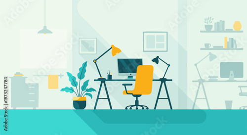 Modern Home Office Setup with Computer and Ergonomic Chair 2.