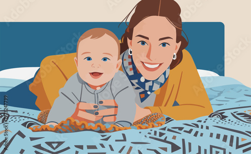 Mother and baby on bed in cozy illustration