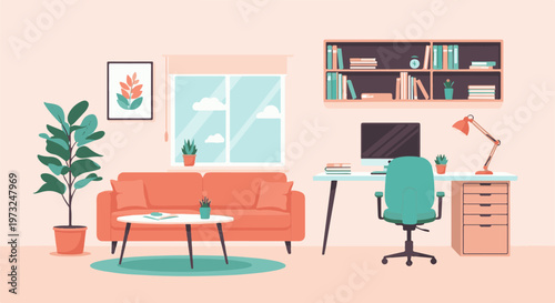 Cozy and functional home office and living room interior.