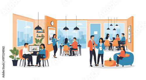 Diverse professionals collaborating and networking in a modern openplan office environment.