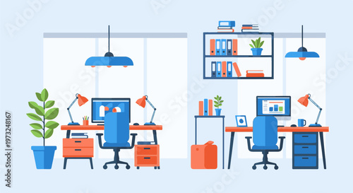 Modern office interior with two empty workspaces and computer desks.