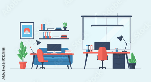 Modern office and home workspace setups with computers and furniture.