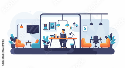 Man working on laptop in modern office space.