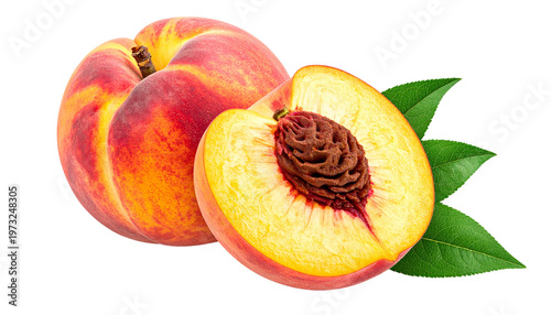 ripe peach fruit isolated on transparent background, PNG