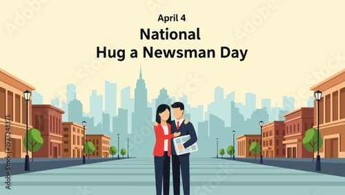 National Hug a Newsman Day April 4 City Illustration, Woman Hugging Journalist Holding Newspaper, Media Appreciation and Human Connection Concept Flat Vector Design