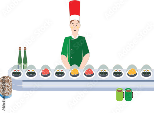 Japanese sushi chef standing at conveyor belt, fresh nigiri and rolls, restaurant kitchen vector illustration