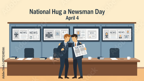 National Hug a Newsman Day April 4 Newsroom Illustration, Journalists Hugging with Newspaper in Editorial Office, Media Appreciation and Workplace Connection Concept Flat Vector Design