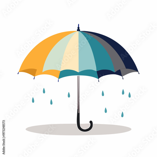 Colorful umbrella with raindrops falling.