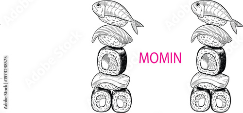 Hand drawn sushi sketch set, vintage engraved style Japanese food, nigiri and rolls vector illustration