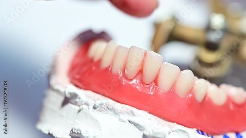 4K Hands of dentist adjust front teeth on lower denture model