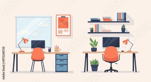 Two modern home office setups with desks chairs computers and various accessories.