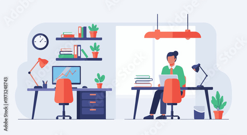 Man working at desk in a modern office setting.